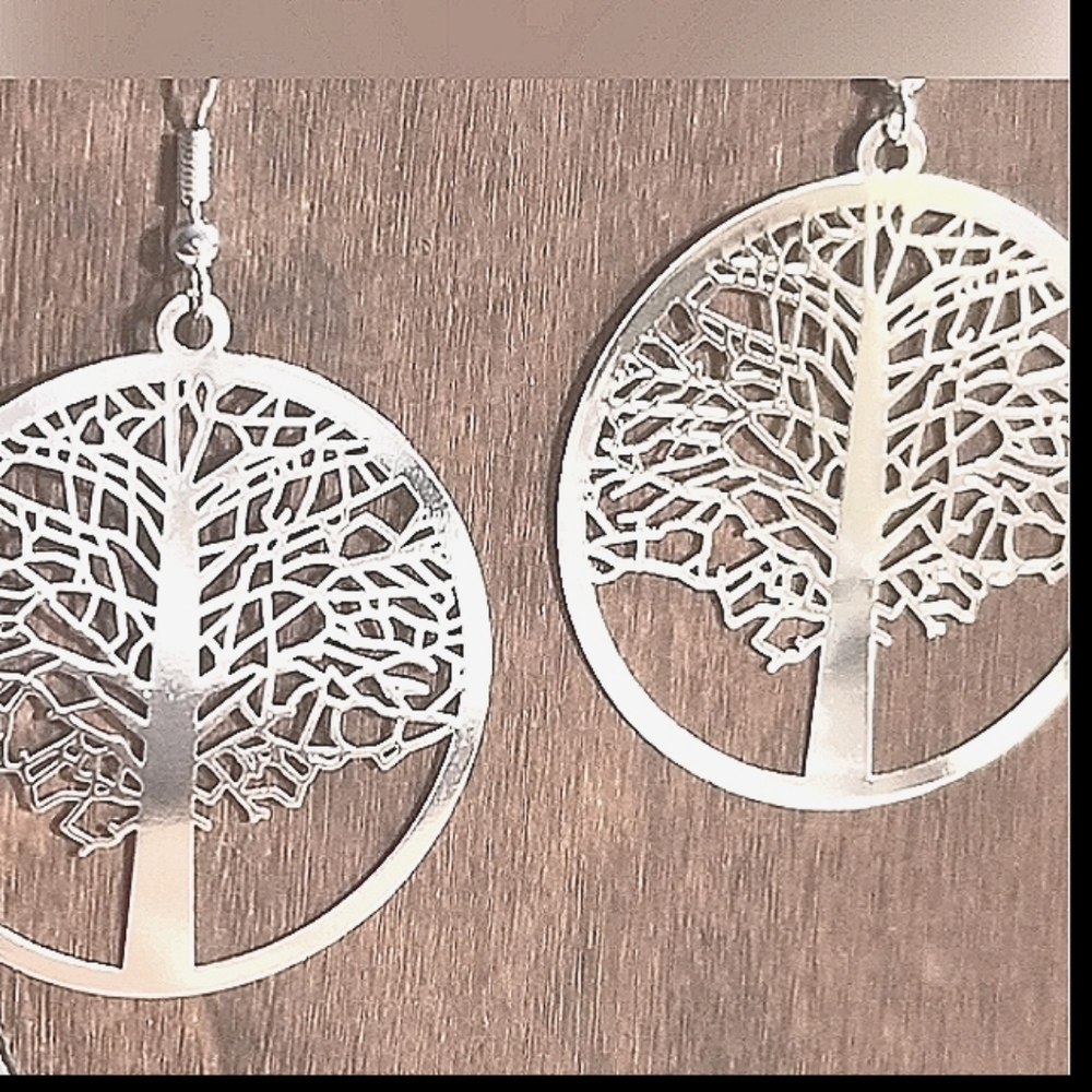 CUTE Silver Tree of Life Earrings  Pierced Stainless Ear wires Large 2"in NEW